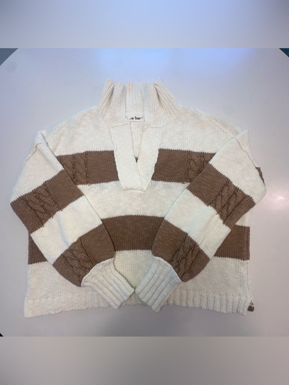 In Loom Cable Knit Rugby Stripe Popover Sweater — Cream & Mocha — Size Medium